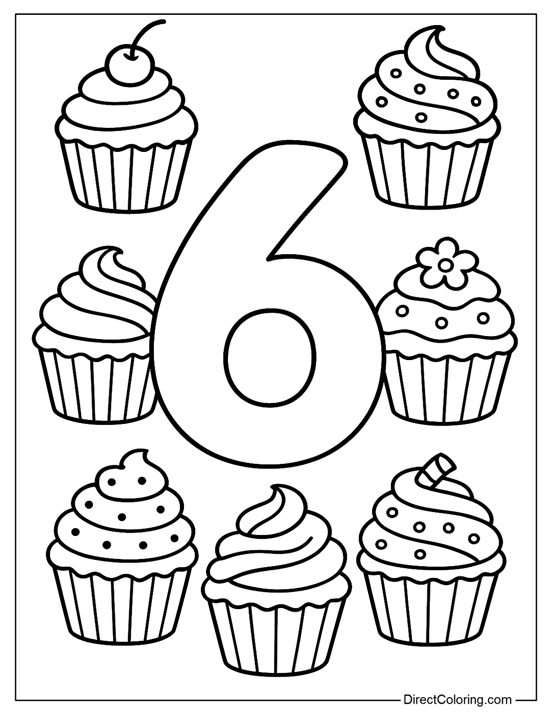 Coloring page number 6 with six colorfully decorated mini cupcakes